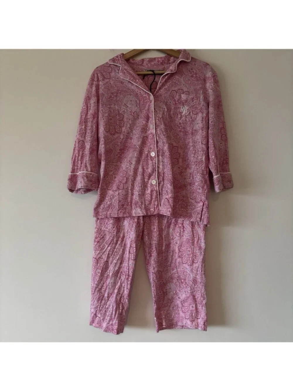 L Ralph Lauren Pajama Set Crop Women’s M Cotton Pink Paisley Cottagecore Preppy
